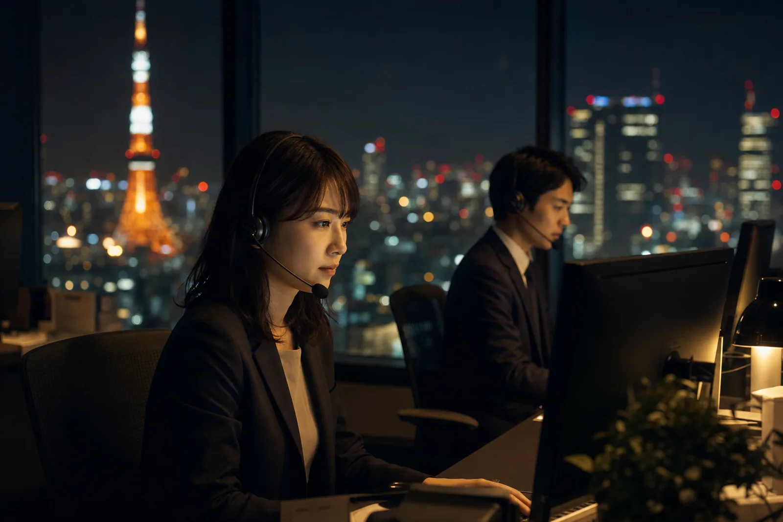 夜のオフィスで応対するオペレーターたち